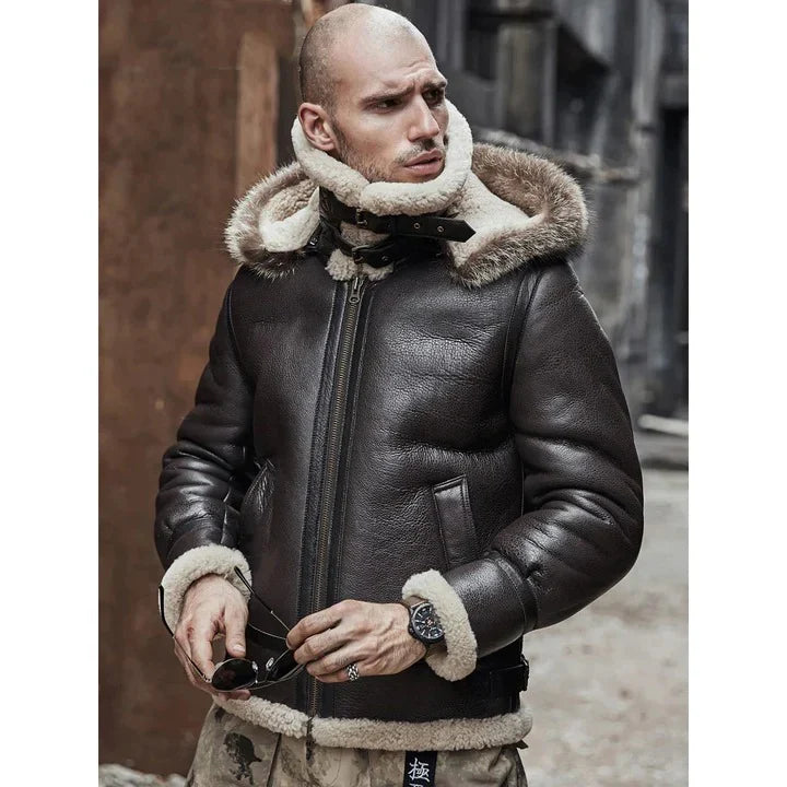 Menβs Brown B3 RAF Aviator Shearling Leather Jacket with Fur Hood β Winter Bomber Flying Pilot Coat