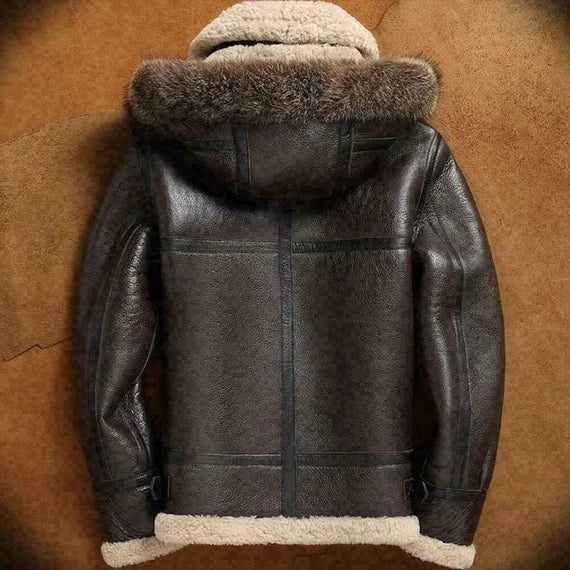 Menβs Brown B3 RAF Aviator Shearling Leather Jacket with Fur Hood β Winter Bomber Flying Pilot Coat