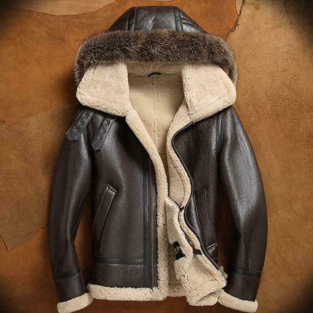 Menβs Brown B3 RAF Aviator Shearling Leather Jacket with Fur Hood β Winter Bomber Flying Pilot Coat