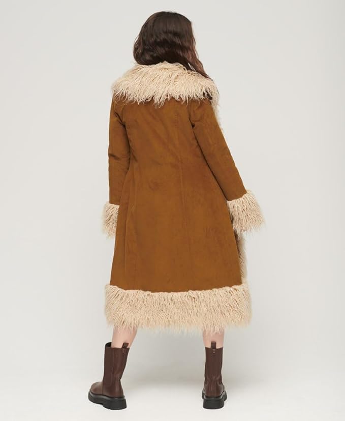 Vintage Brown Suede Faux Fur Long Coat – Retro 70s Style Winter Outerwear for Women