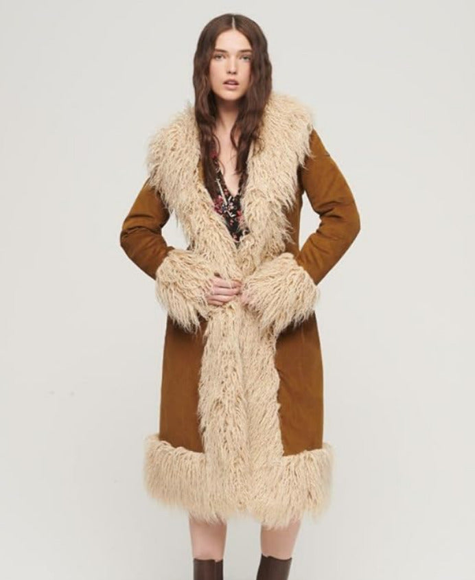 Vintage Brown Suede Faux Fur Long Coat – Retro 70s Style Winter Outerwear for Women