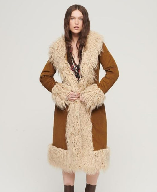 Vintage Brown Suede Faux Fur Long Coat – Retro 70s Style Winter Outerwear for Women