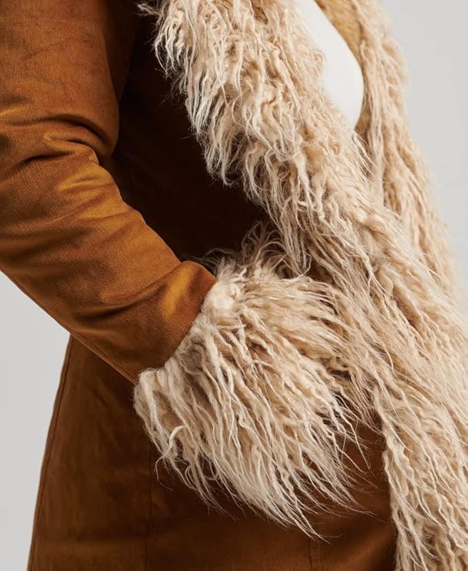 Vintage Brown Suede Faux Fur Long Coat – Retro 70s Style Winter Outerwear for Women