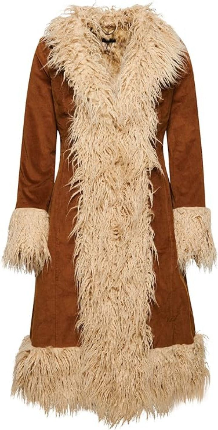 Vintage Brown Suede Faux Fur Long Coat – Retro 70s Style Winter Outerwear for Women