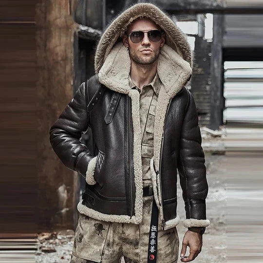 Men’s Brown B3 RAF Aviator Shearling Leather Jacket with Fur Hood – Winter Bomber Flying Pilot Coat