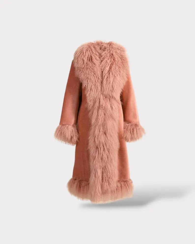 Luxury Faux Fur Trimmed Long Shearling Coat – Blush Pink | Winter Statement Jacket for Women