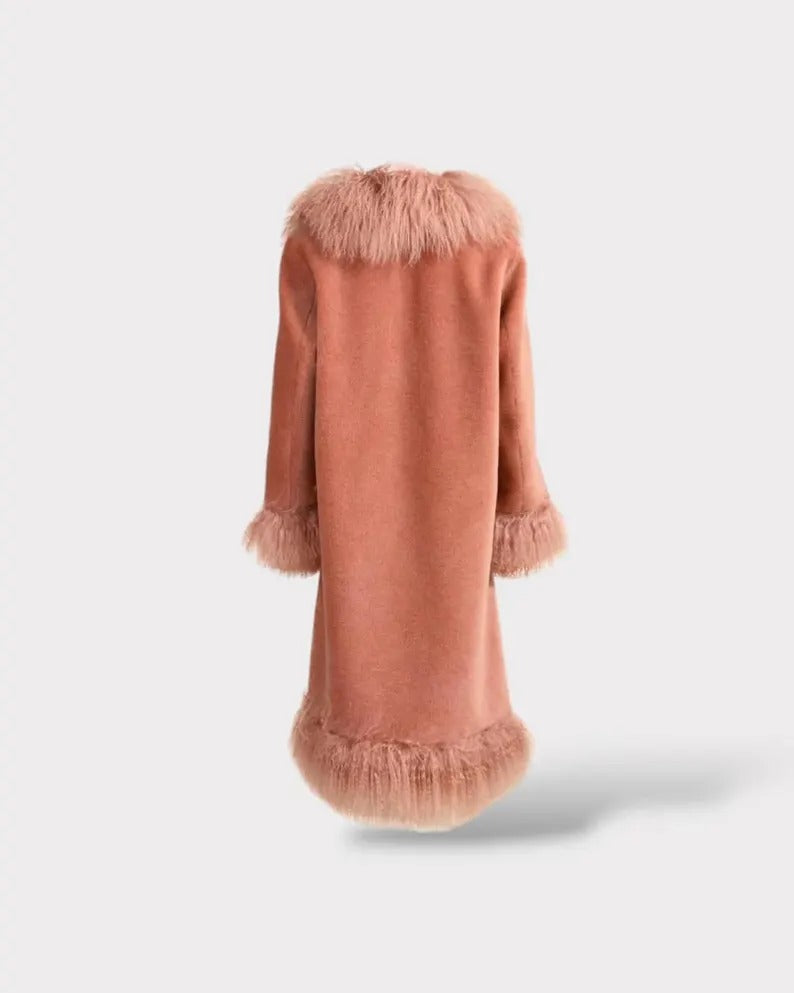Luxury Faux Fur Trimmed Long Shearling Coat – Blush Pink | Winter Statement Jacket for Women