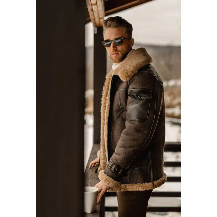 Men’s Brown B3 Aviator Shearling Leather Jacket – Winter Warmth & Classic Style- Rich Men