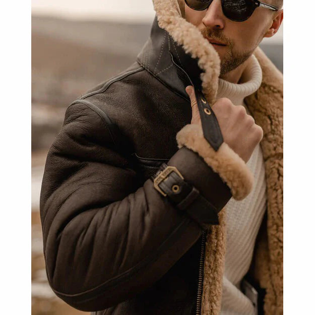 Men’s Brown B3 Aviator Shearling Leather Jacket – Winter Warmth & Classic Style- Rich Men
