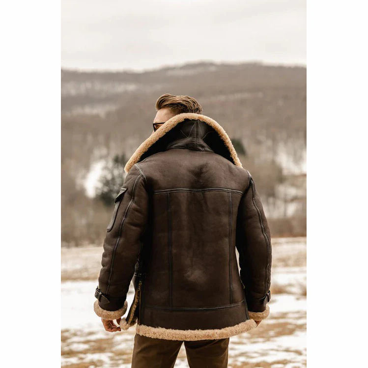 Men’s Brown B3 Aviator Shearling Leather Jacket – Winter Warmth & Classic Style- Rich Men