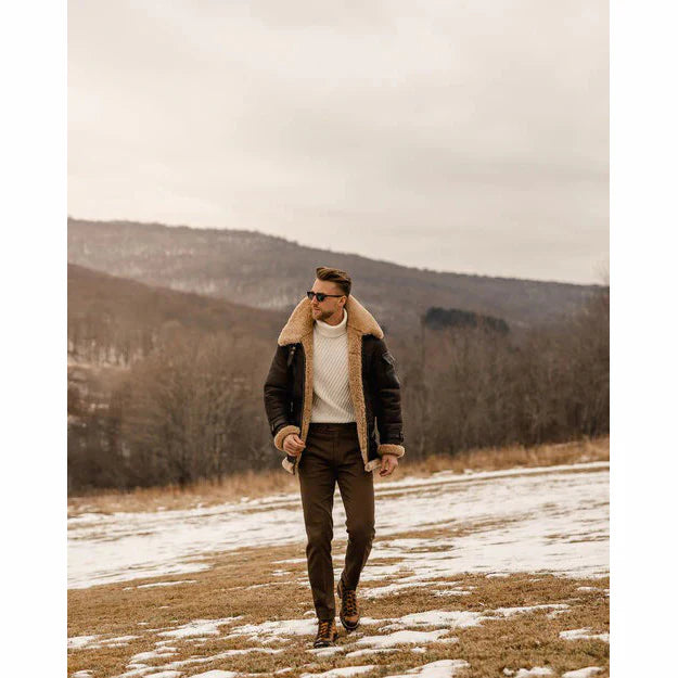 Men’s Brown B3 Aviator Shearling Leather Jacket – Winter Warmth & Classic Style- Rich Men