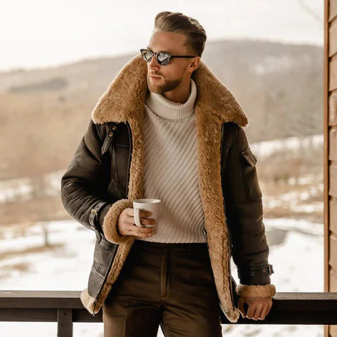 Men’s Brown B3 Aviator Shearling Leather Jacket – Winter Warmth & Classic Style- Rich Men