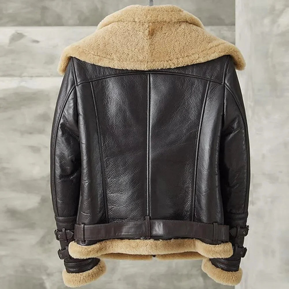 Men’s Dark Brown B3 Bomber Shearling Leather Jacket with Double Collar | Winter Fur Aviator Coat