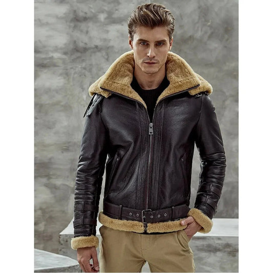 Men’s Dark Brown B3 Bomber Shearling Leather Jacket with Double Collar | Winter Fur Aviator Coat