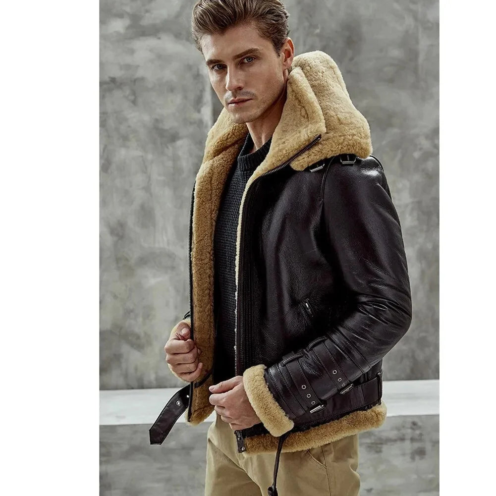 Men’s Dark Brown B3 Bomber Shearling Leather Jacket with Double Collar | Winter Fur Aviator Coat
