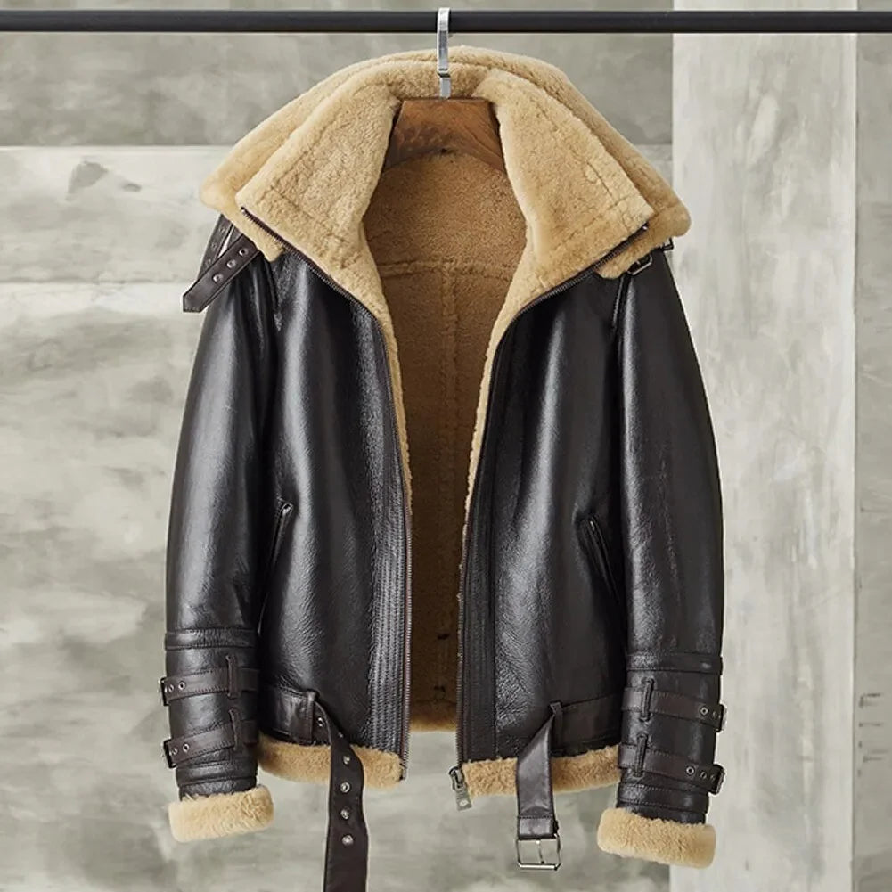 Men’s Dark Brown B3 Bomber Shearling Leather Jacket with Double Collar | Winter Fur Aviator Coat