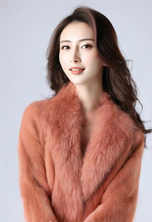 Luxury Faux Fur Trimmed Long Shearling Coat – Blush Pink | Winter Statement Jacket for Women