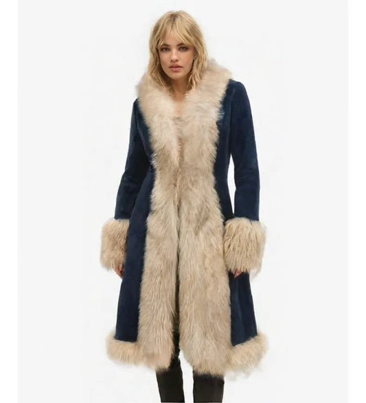 Luxury Women’s Navy Blue Suede Coat with Faux Fur Trim – Winter Fashion Long Jacket