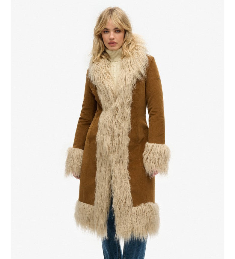 Vintage Brown Suede Faux Fur Long Coat – Retro 70s Style Winter Outerwear for Women